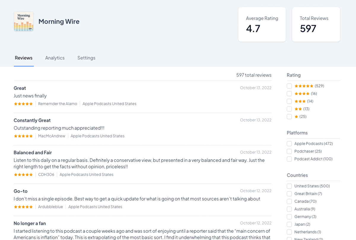 View all of your reviews from Apple Podcasts, Podchaser, and PodcastAddict - filter by country of origin, rating and more Screenshot